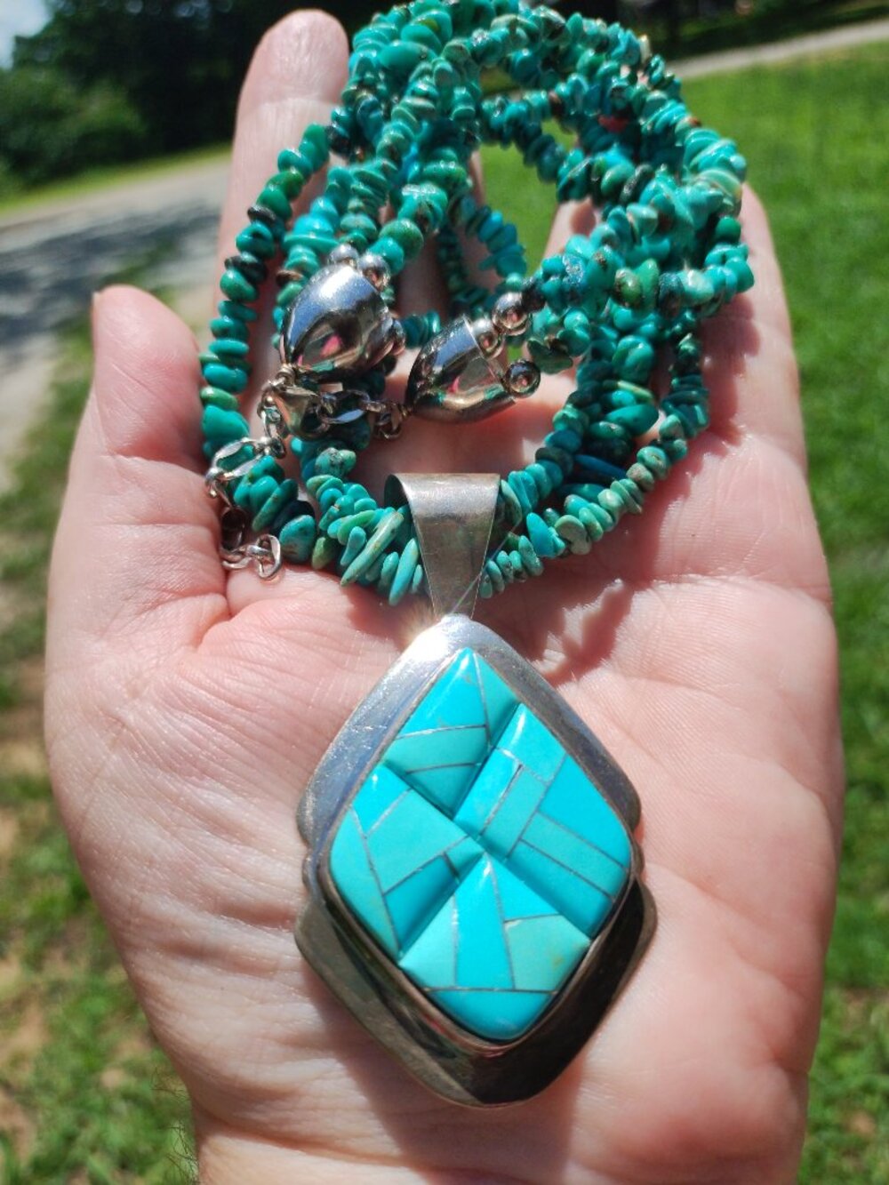 Jay King DTR Turquoise necklace large Turquoise inlay pendant 925 Sterling Silve